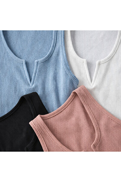 Demirsa Boutique Modelli, Fitilli Kaşkorse Kumaş Geniş Askılı V Yaka 4'lü Mavi, Pudra, Siyah ve Beyaz Kadın Atlet