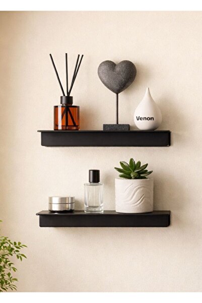 VENON 2.li Set Metal Raf Siyah 30 Cm Dekoratif Modern Duvar Rafı Banyo Rafı O...