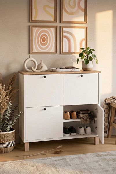 Yurudesign Nord Ayakkabılık Çok Amaçlı Dolap 4 Kapaklı Ahşap Ayaklı Sepet-Bey...