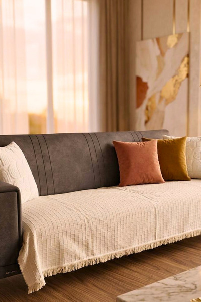 OTEXSA Pamuklu Bohem Koltuk Örtüsü Kare Desenli Püsküllü Yıkanabilir Kanepe Ö...