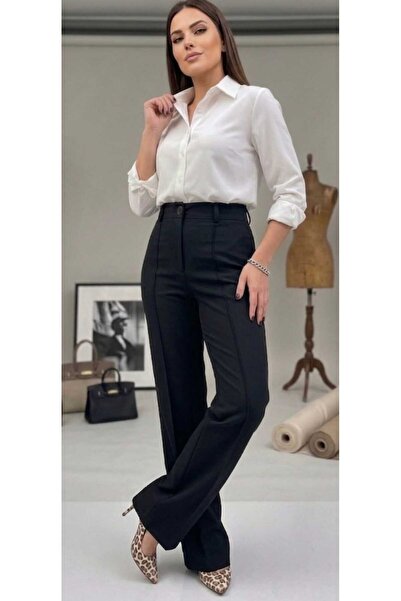 ZUM Γυναικείο μαύρο παντελόνι με νερβούλινες ραφές, χαραγμένες τσέπες, ψηλόμε...