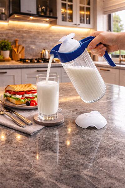 abenim 1500 cc Mavi Kapaklı Cam Ayran Karıştırma Sürahisi yedek kapaklı