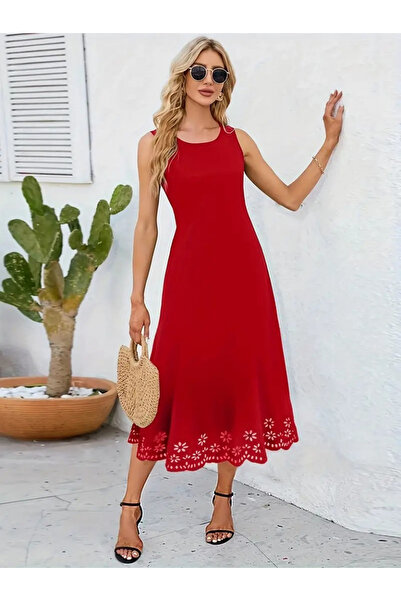 MSA PRESTİGE Women's Sleeveless Skirt Tip Laser Cut Flower Pattern Midi Lengt...
