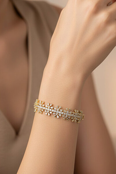 XUPING JEWELRY Stil Incisi/ 14 Ayar Altın Kaplama, Çiçekli Zirkon Taşlı Bileklik