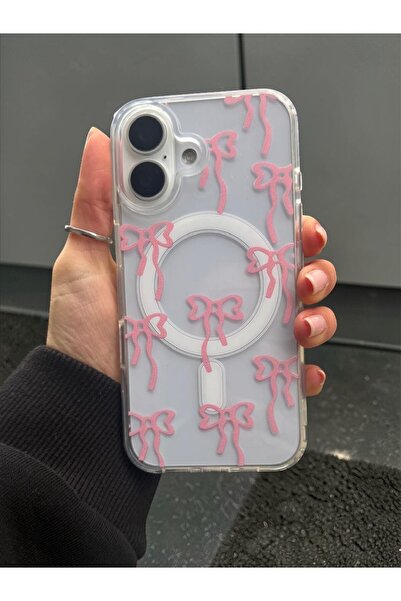 KVK PRİVACY Apple Iphone 16 Uyumlu Pembe Fiyonk Desenli Magsafe Şeffaf Kılıf ...