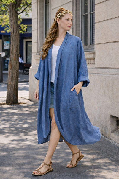 EREN STYLE Μποχομιάν Ιταλικό Λινό Καφτάνι με Τσέπες & Καπέλο (110 εκ.)