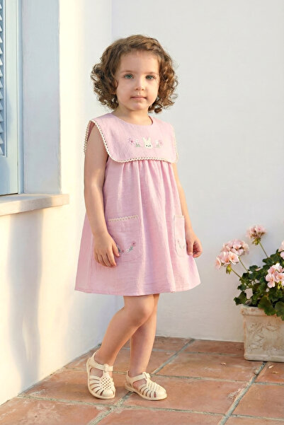 Minipodyum Kız Bebek Elbise Keten Yazlık Bebe Yaka Pembe