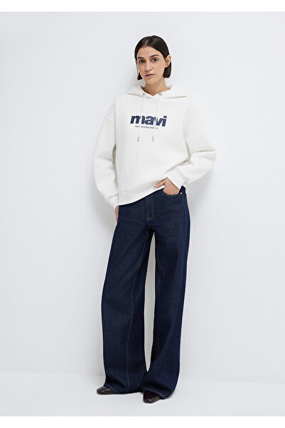 Mavi Logo Baskılı Kapüşonlu Ekru Sweatshirt 168334-81964