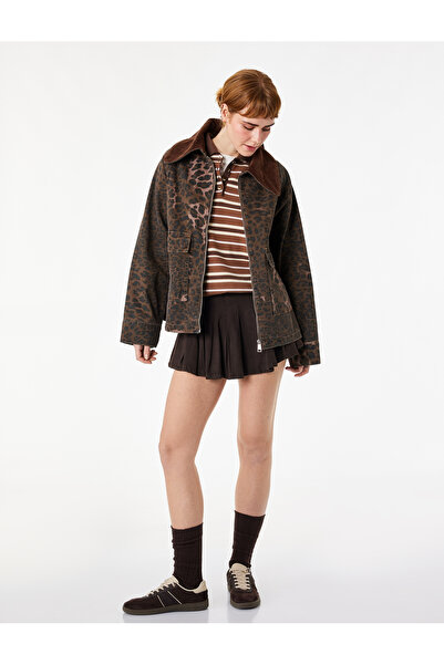 Koton Άνετο κλασικό βελούδινο μπουφάν λεοπάρ με βαμβακερό γιακά και τσέπες με...