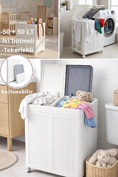 100 Lt Kirli Sepeti Çift Hazneli Kapaklı Tekerlekli Katlanabilir Çamaşır Odası Düzenleyici