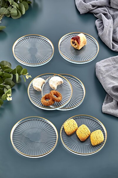 İLİVA 6' lı Cam Kek Pasta Tabağı Seti - Yaldızlı Lüks Pasta Takımı(16CM)