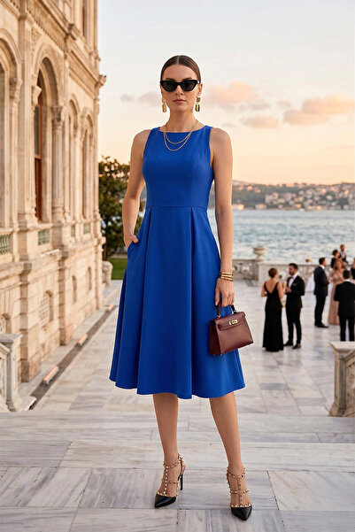 Lela Regular Fit Crew Neck Pleated Midi Length Evening Dress with Pockets Dre...