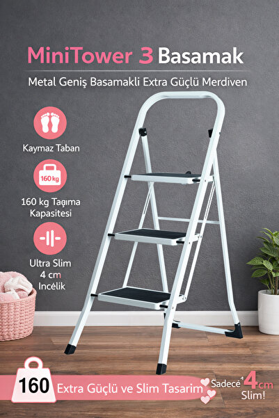 ERTEKPA MiniTower 3 Basamaklı Metal Merdiven - Ekstra Güçlü Beyaz