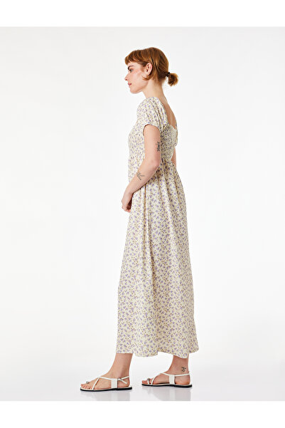 Koton Φόρεμα με τετράγωνο γιακά, κοντά μανίκια μπαλόνι και μακρύ φλοράλ σχέδιο