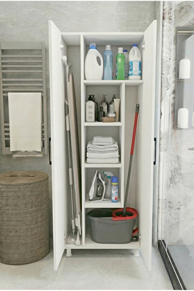 MONTENERO Çok Amaçlı Dolap Beyaz Banyo Düzenleyici Kiler Dolabı Kova Süpürge ...