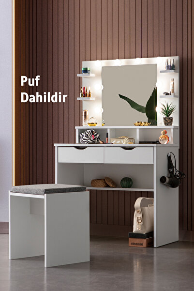 Diva Hollywood Backstage Makeup Table with Mirrored Shelf and Drawer with Led Light White with Seating Pouffe Gift