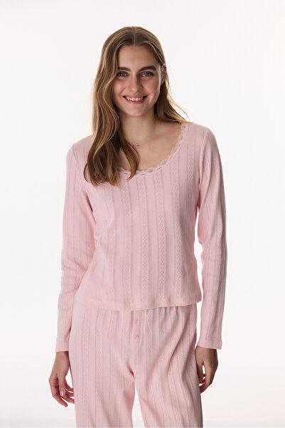 Penti Pembe Lotus Pointel Pamuklu Tişört Pijama Üstü