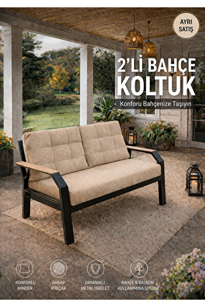 UFUK HOME Kavacık İkili Koltuk Krem Fermuarlı Keten Kumaş, Modern Metal Konfo...