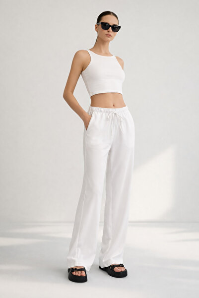 Hazel Γυναικείο Λευκό Λινό Μικτό Φαρδύ Παντελόνι