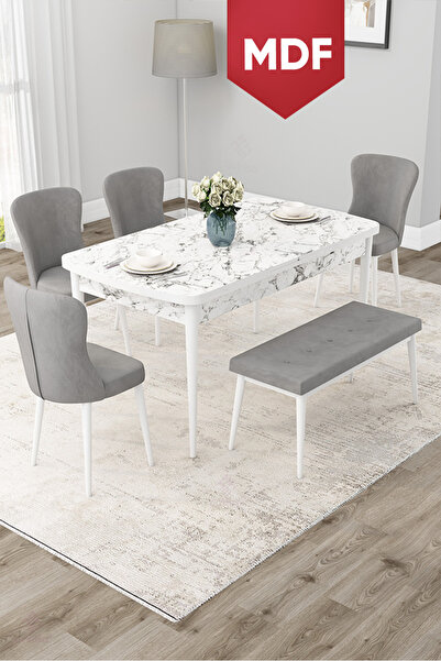 Canisa Due Serisi 80x132 MDF Açılabilir Beyaz Mermer Desen Yemek Odası Takımı...