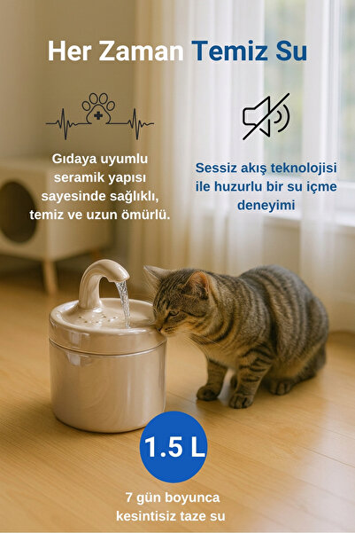 My Gusto Health Premium Seramik Kedi ve Köpek Su Pınarı - Ultra Sessiz Motorlu Su Sebili