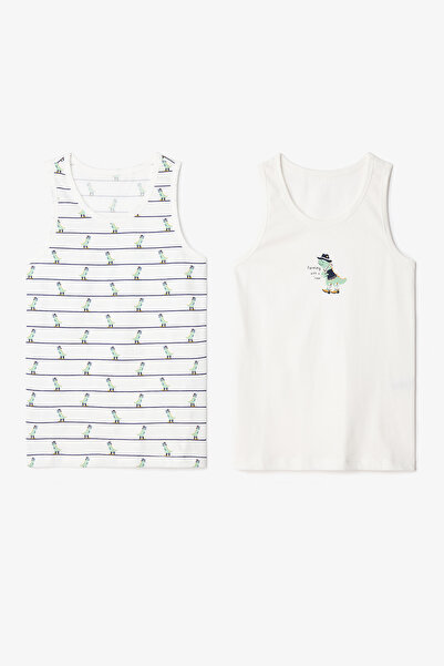 Penti White Boy's Dino Farm Dinosaur Printed Cotton 2-Piece Undershirt