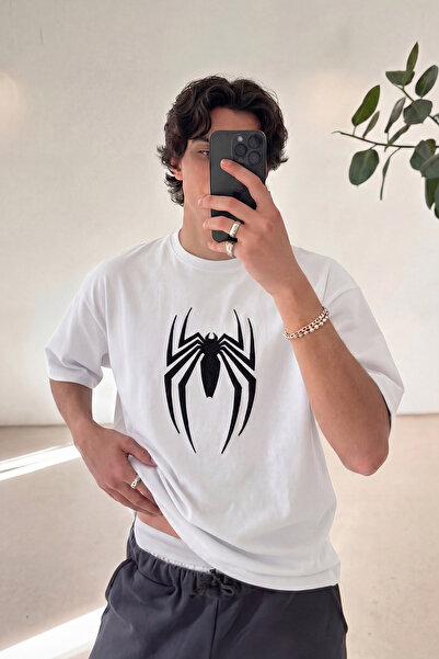Spider Embroidered Premium Oversize 100% Cotton Men's T-Shirt - White