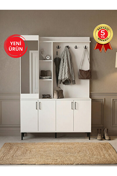 dorpek Parion Aynalı Portmanto, Vestiyer Portmanto Ayakkabılık 135 cm Beyaz