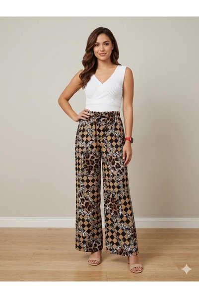 520CK Women's Viscose Fabric Wide Leg Patterned Summer Trousers