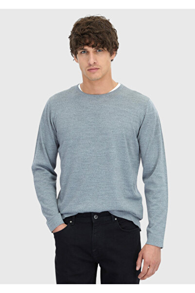 Ramsey Gray Crew Neck Plain Knit Wool Blend Sweater