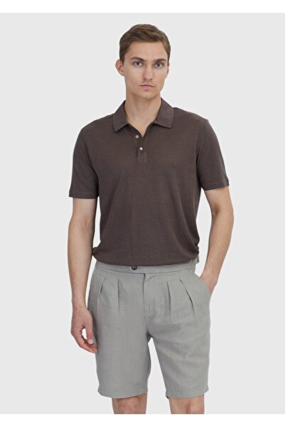 Ramsey Brown Plain Polo Neck 100% Linen T-Shirt