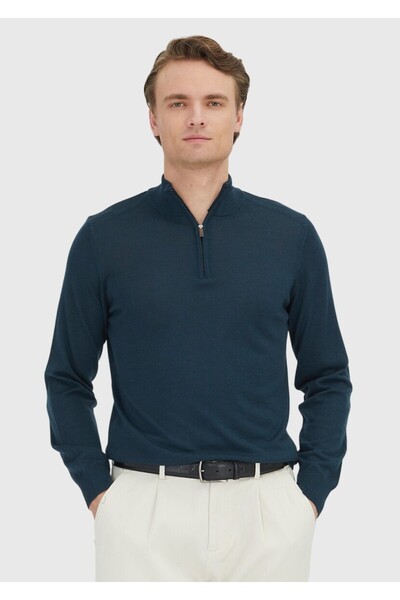 Ramsey Petrol Half Turtleneck Plain Knit Wool Blend Sweater