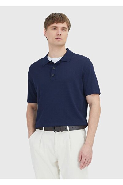 Ramsey Navy Blue Polo Collar Plain Knitted Knitwear