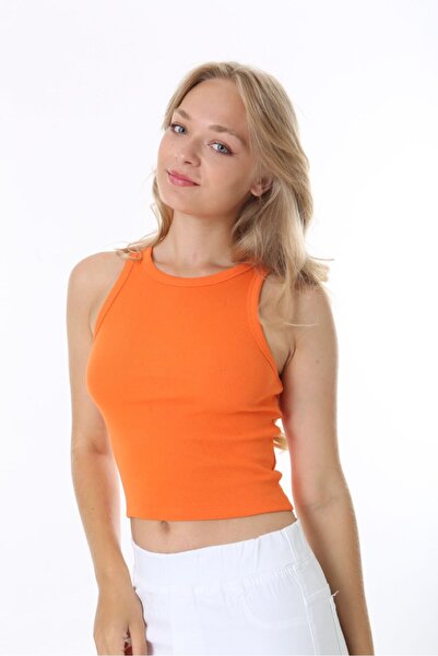 Bianna Kadın Turuncu Oranj Halter Yaka WellFitted Vücudu Saran Crop Fitilli A...