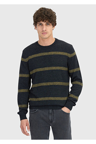 Ramsey Anthracite Crew Neck Striped Wool Blend Knit Sweater
