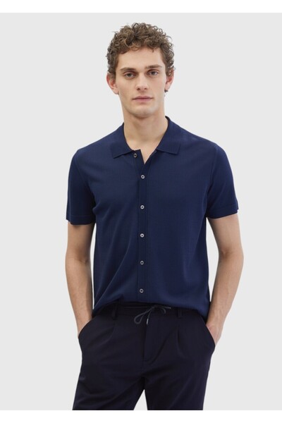 Ramsey Μπλε γιακά πόλο ζακέτα με απλό πλέγμα