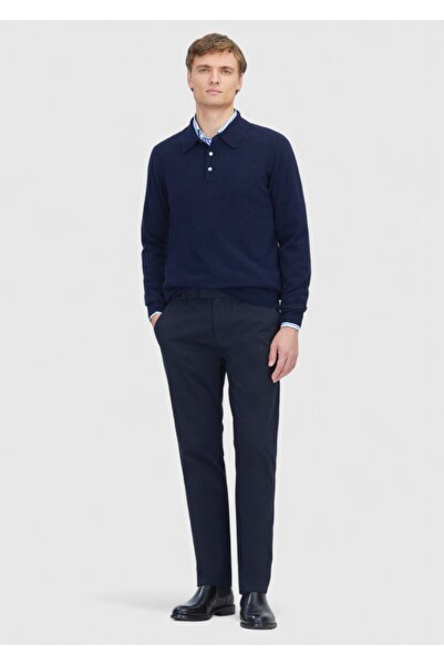 Ramsey Μπλε Navy Plain Woven Regular Fit Casual Παντελόνι από Βαμβακερό Μείγμα