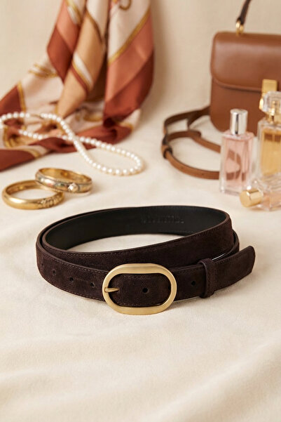 WilliamPolo Γυναικεία ζώνη Mira από γνήσιο δέρμα σουέντ με καφέ χρυσή αγκράφα