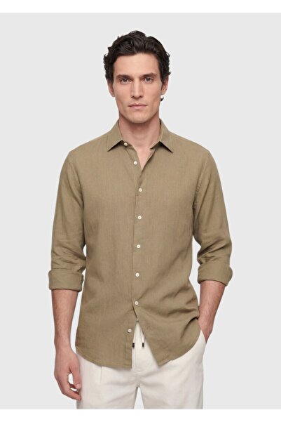 Ramsey Χακί Απλό Casual Fit Υφαντό Casual 100% Βαμβάκι Πουκάμισο