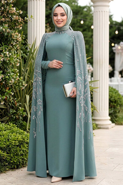 Neva Style فستان سهرة حجاب أخضر مع أكمام كيب 51681CY