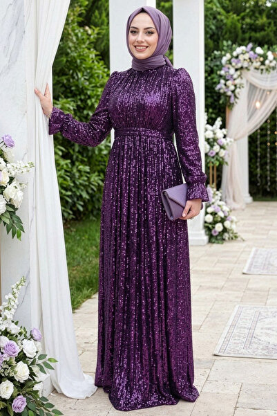 N.S NEVA STYLE Βραδινό φόρεμα με παγιέτες μωβ Hijab 44961MOR