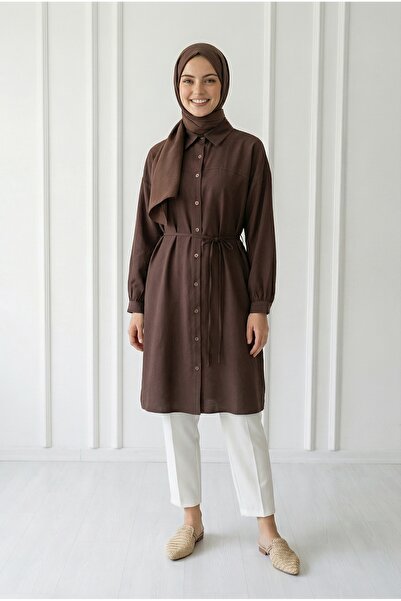 MİHRA STORE Miresia Lace-Up Long Modal Shirt-Pe261 Brown