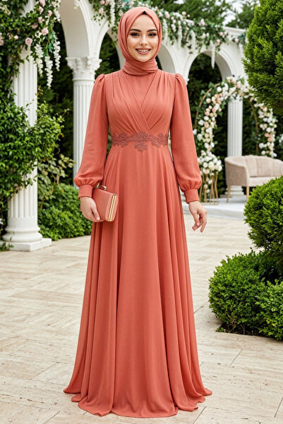 Neva Style Dantel Detaylı Koyu Somon Tesettür Abiye Elbise 3435KSMN