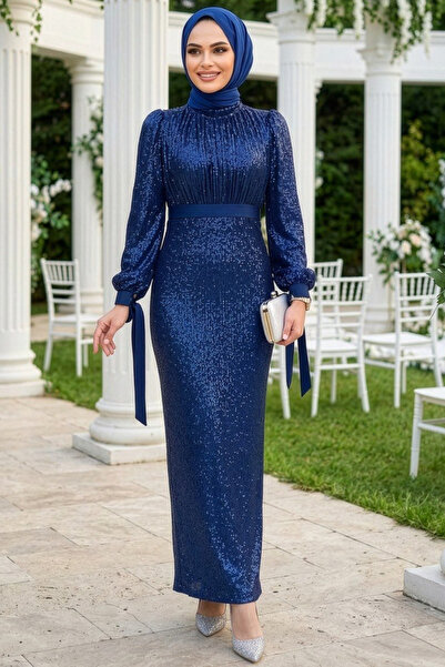 Neva Style Βραδινό φόρεμα Hijab με παγιέτες σε μπλε ναυτικό χρώμα 4667L