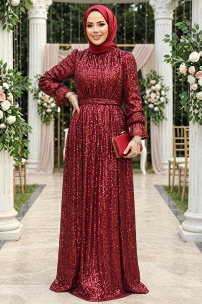 Neva Style Βραδινό φόρεμα με παγιέτες μπορντό Hijab 44961BR