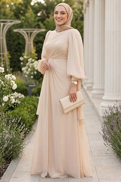 N.S NEVA STYLE Βραδινό φόρεμα Hijab σε σκούρο μπεζ με λεπτομέρεια κουρτίνας 5...