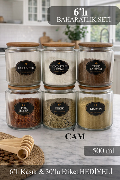 6-Piece Wooden Vacuum Bamboo Lid Spoon Luxury Spice Holder Set 300 ml GLASS