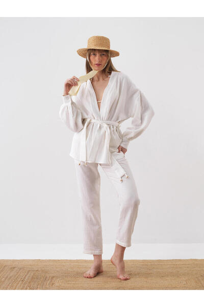 Xint Kadın Beyaz Pamuk Dokulu Oversize Kimono