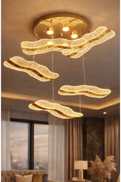 burenze Modern Tasarım Wawes Ledli Avize Gold Sarı Sarkıt 5’li Led Avize