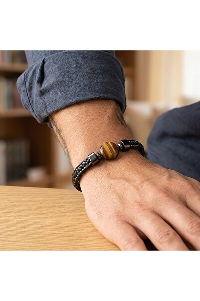 PİGADO 316L Stainless Steel Natural Stone Leather Men's Bracelet
